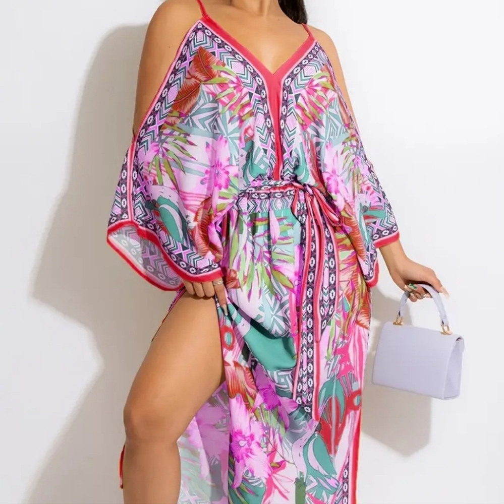 Long Side Sleeve Split Side Leg Split Tropical Pr… - image 1